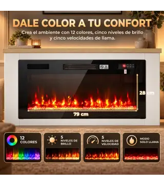 Chimenea Eléctrica de Pie 900/1800W Mueble para TV 55" 12 Colores de Llama 3D 5 Brillos Control Remoto para 35㎡ Blanco