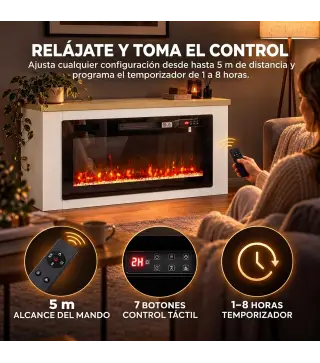 Chimenea Eléctrica de Pie 900/1800W Mueble para TV 55" 12 Colores de Llama 3D 5 Brillos Control Remoto para 35㎡ Blanco
