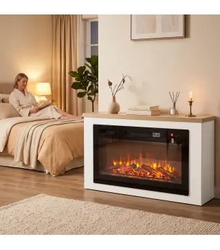 Chimenea Eléctrica de Pie 900/1800W Mueble para TV 55" 12 Colores de Llama 3D 5 Brillos Control Remoto para 35㎡ Blanco