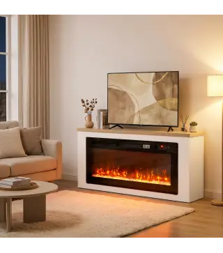 Chimenea Eléctrica de Pie 900/1800W Mueble para TV 55" 12 Colores de Llama 3D 5 Brillos Control Remoto para 35㎡ Blanco