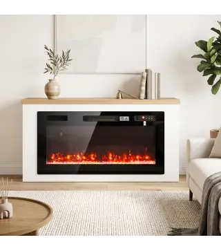 Chimenea Eléctrica de Pie 900/1800W Mueble para TV 55" 12 Colores de Llama 3D 5 Brillos Control Remoto para 35㎡ Blanco