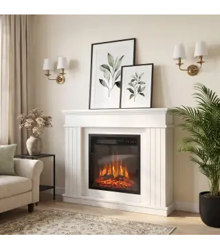Chimenea Eléctrica Decorativa 1800W con Repisa Efecto Llama 5 Brillos Termostato Temporizador Mando para TV 38" Blanco