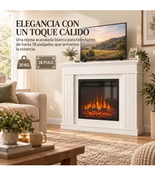 Chimenea Eléctrica Decorativa 1800W con Repisa Efecto Llama 5 Brillos Termostato Temporizador Mando para TV 38" Blanco