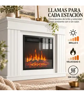 Chimenea Eléctrica Decorativa 1800W con Repisa Efecto Llama 5 Brillos Termostato Temporizador Mando para TV 38" Blanco