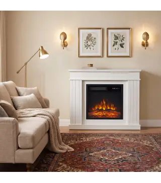 Chimenea Eléctrica Decorativa 1800W con Repisa Efecto Llama 5 Brillos Termostato Temporizador Mando para TV 38" Blanco