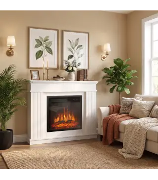 Chimenea Eléctrica Decorativa 1800W con Repisa Efecto Llama 5 Brillos Termostato Temporizador Mando para TV 38" Blanco