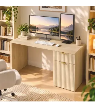 Escritorio Reversible 120 cm con Cajón Armario Balda Ajustable y Tablero Grueso para Espacios Pequeños Oficina Roble