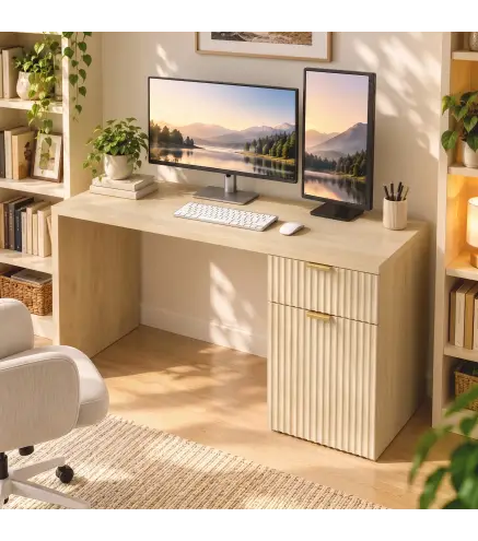 Escritorio Reversible 120 cm con Cajón Armario Balda Ajustable y Tablero Grueso para Espacios Pequeños Oficina Roble