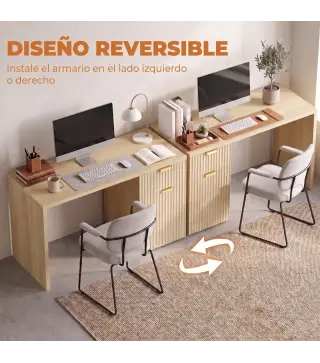 Escritorio Reversible 120 cm con Cajón Armario Balda Ajustable y Tablero Grueso para Espacios Pequeños Oficina Roble