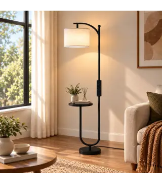 Lámpara de Pie LED Regulable con Estante 11 Temperaturas y Brillos Pantalla Ajustable Mando RF Interruptor de Pie Negro