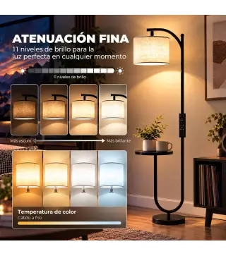 Lámpara de Pie LED Regulable con Estante 11 Temperaturas y Brillos Pantalla Ajustable Mando RF Interruptor de Pie Negro