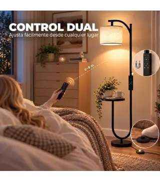 Lámpara de Pie LED Regulable con Estante 11 Temperaturas y Brillos Pantalla Ajustable Mando RF Interruptor de Pie Negro