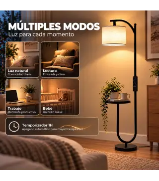 Lámpara de Pie LED Regulable con Estante 11 Temperaturas y Brillos Pantalla Ajustable Mando RF Interruptor de Pie Negro