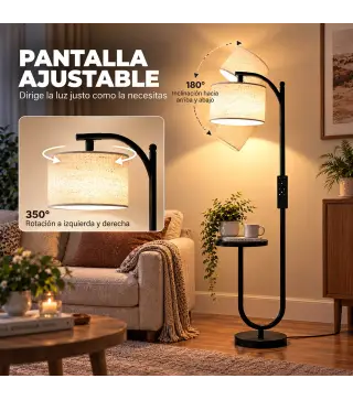 Lámpara de Pie LED Regulable con Estante 11 Temperaturas y Brillos Pantalla Ajustable Mando RF Interruptor de Pie Negro