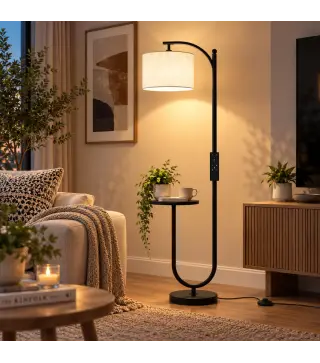 Lámpara de Pie LED Regulable con Estante 11 Temperaturas y Brillos Pantalla Ajustable Mando RF Interruptor de Pie Negro