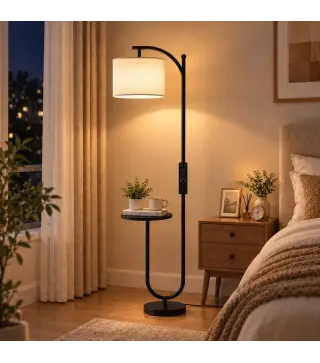 Lámpara de Pie LED Regulable con Estante 11 Temperaturas y Brillos Pantalla Ajustable Mando RF Interruptor de Pie Negro