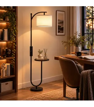 Lámpara de Pie LED Regulable con Estante 11 Temperaturas y Brillos Pantalla Ajustable Mando RF Interruptor de Pie Negro