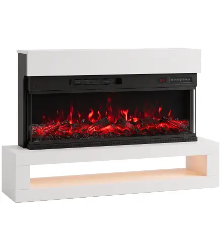 Chimenea Eléctrica de Pie/Pared 900/1800W con Tira LED 3 Caras Mueble TV 55" 12 Colores de Llama Control Remoto Blanco