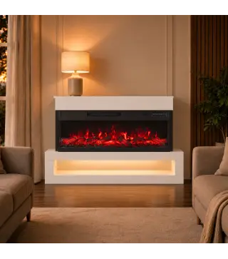 Chimenea Eléctrica de Pie/Pared 900/1800W con Tira LED 3 Caras Mueble TV 55" 12 Colores de Llama Control Remoto Blanco