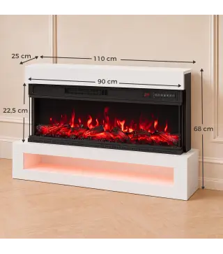 Chimenea Eléctrica de Pie/Pared 900/1800W con Tira LED 3 Caras Mueble TV 55" 12 Colores de Llama Control Remoto Blanco