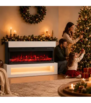 Chimenea Eléctrica de Pie/Pared 900/1800W con Tira LED 3 Caras Mueble TV 55" 12 Colores de Llama Control Remoto Blanco