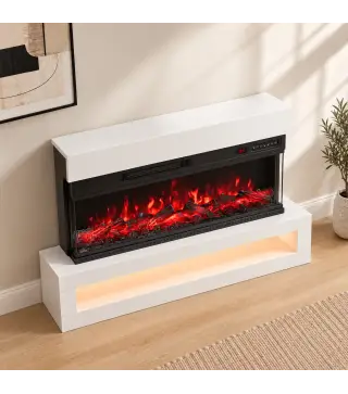 Chimenea Eléctrica de Pie/Pared 900/1800W con Tira LED 3 Caras Mueble TV 55" 12 Colores de Llama Control Remoto Blanco