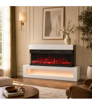 Chimenea Eléctrica de Pie/Pared 900/1800W con Tira LED 3 Caras Mueble TV 55" 12 Colores de Llama Control Remoto Blanco