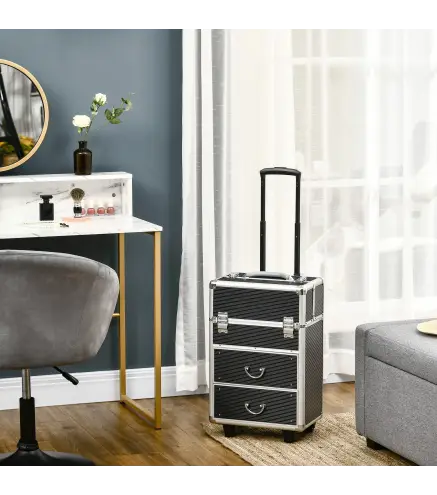 Maleta de Maquillaje Profesional Estuche para Cosmética con 6 Cajones Extensibles y Cierre Llave 36x23x58cm Negro