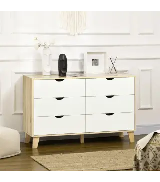 Cómoda con 6 Cajones Cajonera para Dormitorio Salón Estudio Estilo Moderno 120x40x76 cm Natural y Blanco