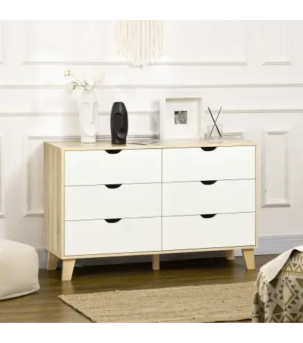 Cómoda con 6 Cajones Cajonera para Dormitorio Salón Estudio Estilo Moderno 120x40x76 cm Natural y Blanco