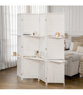 Biombo Separador de Ambientes Plegable con 2 Estantes de Madera de Pino y Fibra de Papel 181x180 cm Blanco