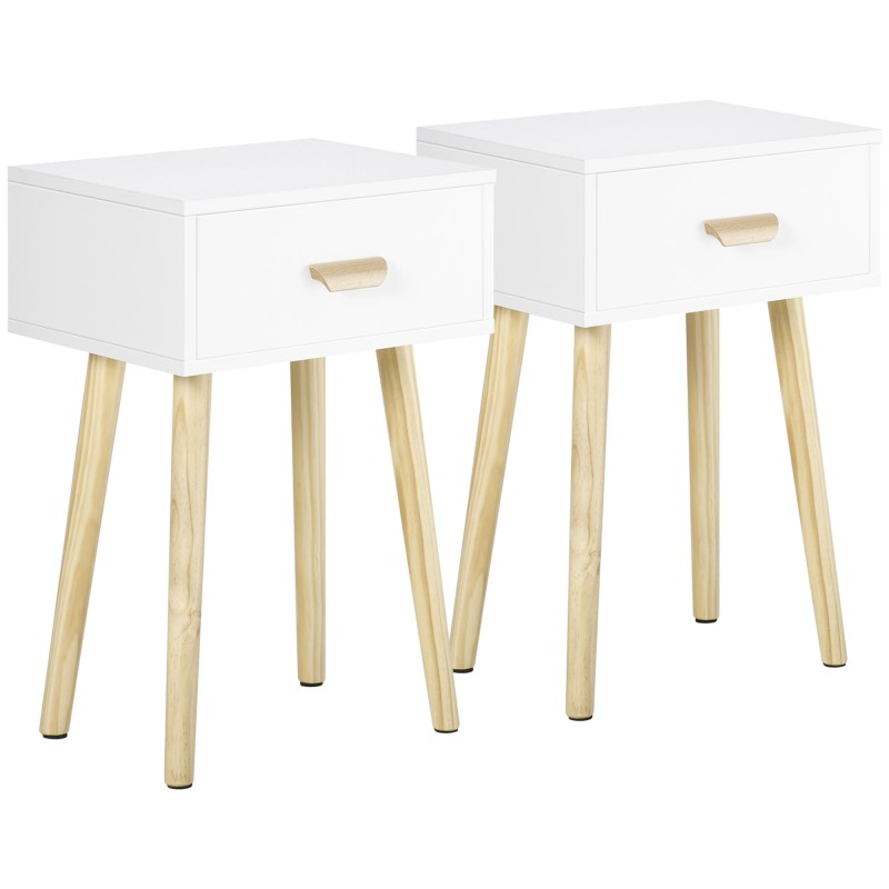 Juego de 2 Mesitas de Noche con Cajón y Patas de Madera para Dormitorio Salón Cama Oficina 40,5x30,5x60 cm Blanco