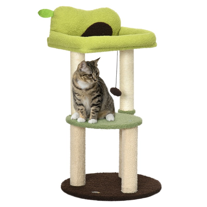Árbol Rascador para Gatos con Cama en Forma de Aguacate Plataforma Postes de Sisal y Bola Colgante Ø44x83cm Verde