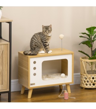 Cama Cueva para Gatos Estilo Televisor con Cojín Lavable y Bola de Juguete 50x28x43 cm Roble
