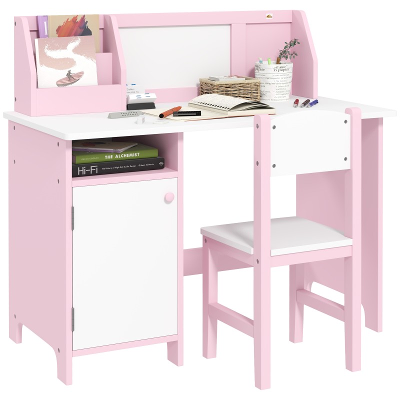 Escritorio Infantil de Madera con Silla y Mesa con Organizador y Pizarra Blanca para +5 Años 90x45x85 cm Rosa