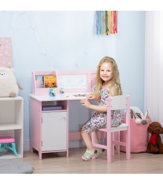 Escritorio Infantil de Madera con Silla y Mesa con Organizador y Pizarra Blanca para +5 Anos 90x45x85 cm Rosa