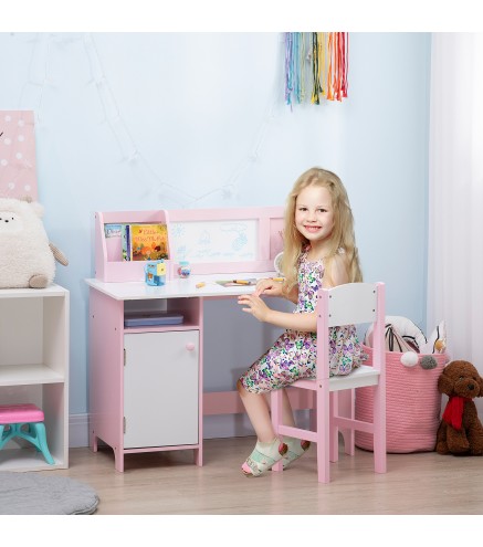Escritorio Infantil de Madera con Silla y Mesa con Organizador y Pizarra Blanca para +5 Anos 90x45x85 cm Rosa