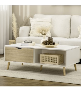 Mesa de Centro Rectangular Mesa con 2 Cajones y Compartimientos Abiertos Estilo Nórdico 106x58x39,5 cm Blanco