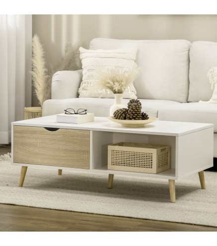 Mesa de Centro Rectangular Mesa con 2 Cajones y Compartimientos Abiertos Estilo Nórdico 106x58x39,5 cm Blanco