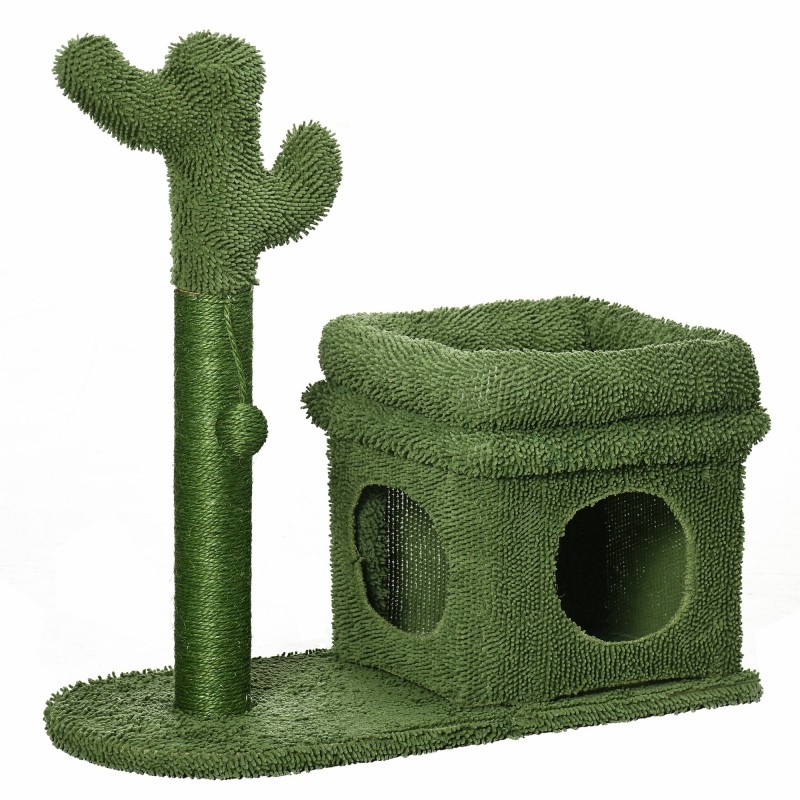 Árbol Rascador para Gatos Diseño de Cactus con Cama Cueva Poste de Sisal y Bola Colgante 68x30x67 cm Verde