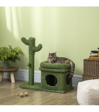 Árbol Rascador para Gatos Diseño de Cactus con Cama Cueva Poste de Sisal y Bola Colgante 68x30x67 cm Verde