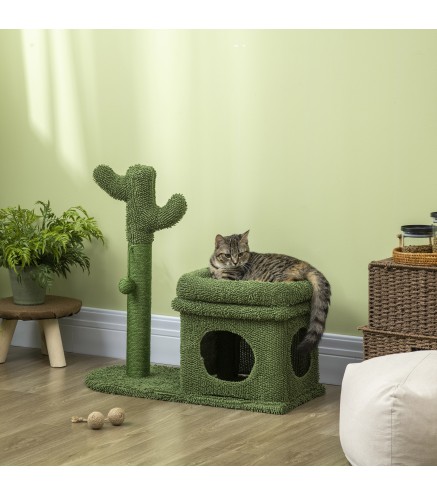 Árbol Rascador para Gatos Diseño de Cactus con Cama Cueva Poste de Sisal y Bola Colgante 68x30x67 cm Verde