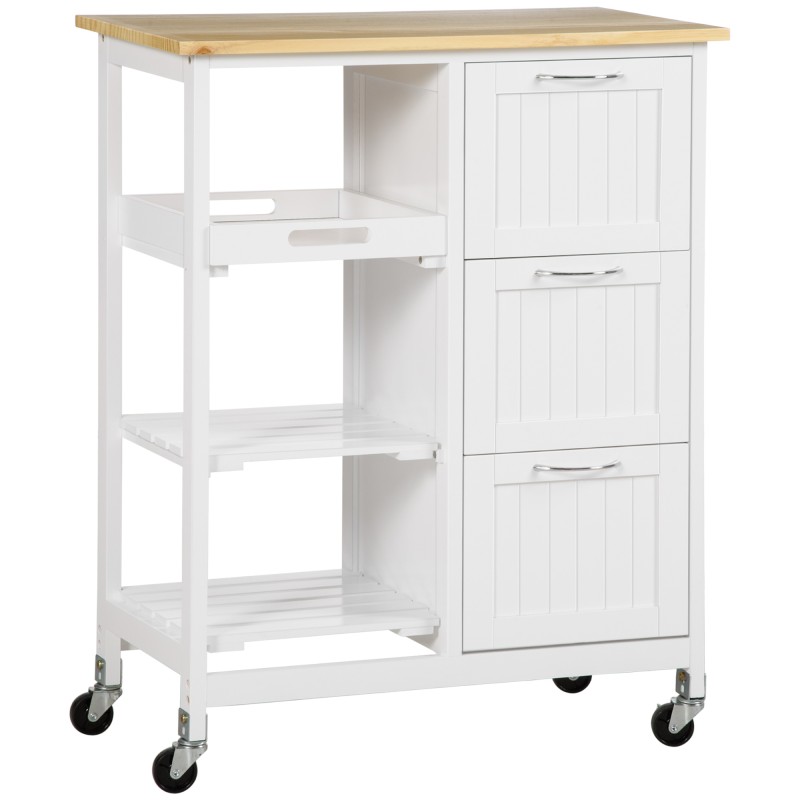 Carro de Cocina con Ruedas Carrito de Servicio con Cajones Estantes y Bandeja Extraíble 67x37x87 cm Blanco