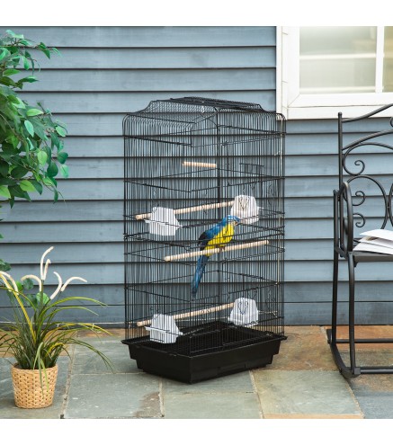 Jaula para Pájaros Pajarera de Metal con 4 Comederos 3 Perchas Columpio y Bandeja Extraíble 46,5x35,5x92 cm Negro
