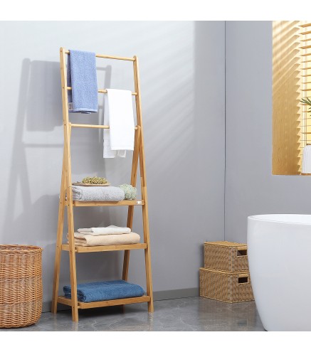 Toallero de Pie de Bambú con 3 Barras Tipo Escalera Plegable con 3 Estantes para Baño 53x30,5x152 cm Natural