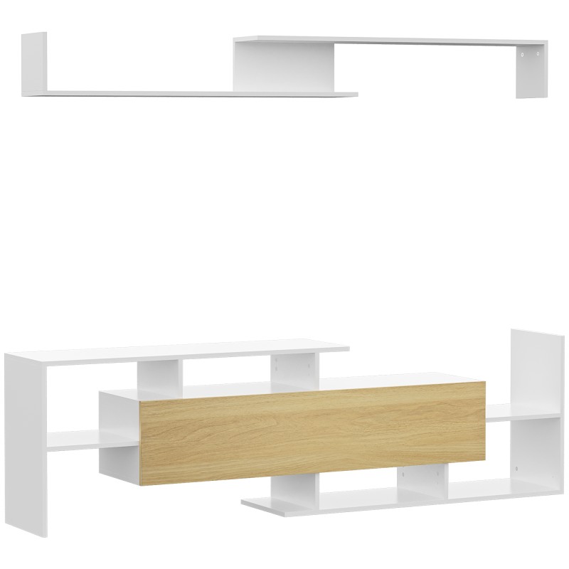 Mueble de Salón para TV Conjunto Muebles de TV 153,6x25x42cm y Estante de Pared 150x14,5x16,3cm Blanco y Natural Mueble de Salón para TV Conjunto Muebles de TV 153,6x25x42cm y Estante de Pared 150x14,5x16,3cm Blanco y Natural