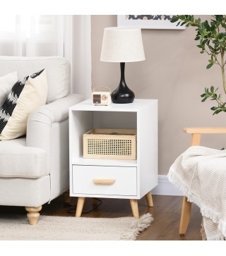 Mesita de Noche con 1 Cajón y Estante Mesa Auxiliar de Estilo Nórdico para Salón Dormitorio 40x40x62 cm Blanco