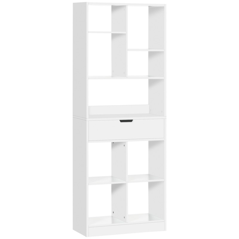 Estantería de Madera con 1 Cajón y 9 Compartimentos Mueble Librería para Salón Oficina Estudio 60x26x158cm Blanco