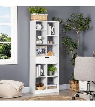 Estantería de Madera con 1 Cajón y 9 Compartimentos Mueble Librería para Salón Oficina Estudio 60x26x158cm Blanco