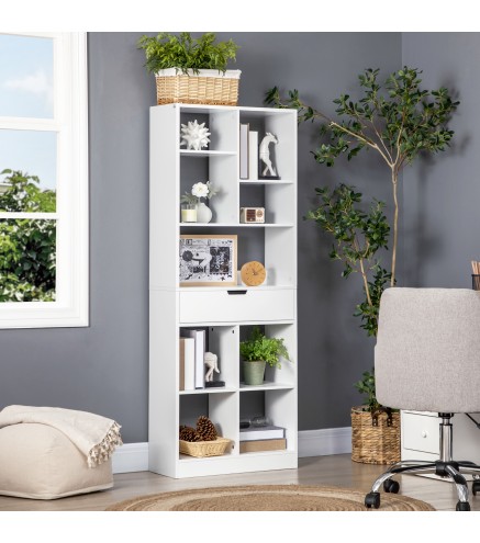 Estantería de Madera con 1 Cajón y 9 Compartimentos Mueble Librería para Salón Oficina Estudio 60x26x158cm Blanco